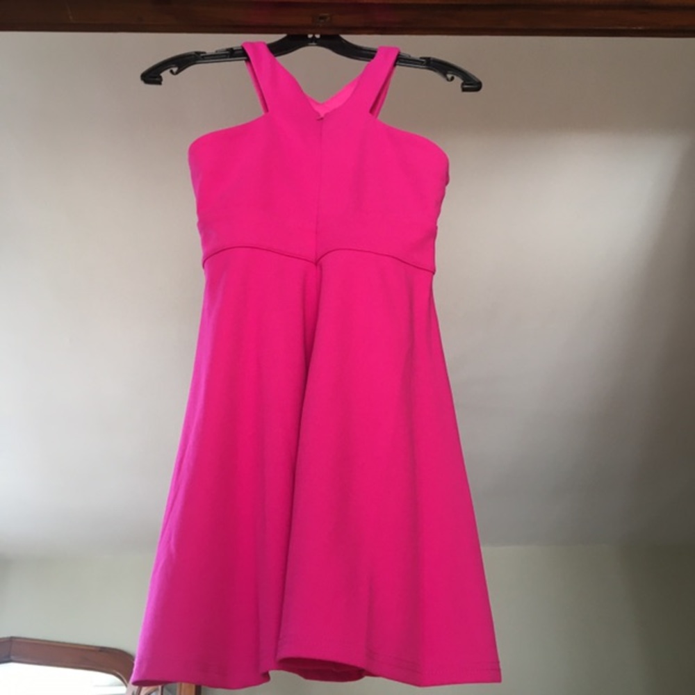 Lulus Bright Pink Medium Stretchy Knit Skater Dress with a peekaboo cut out